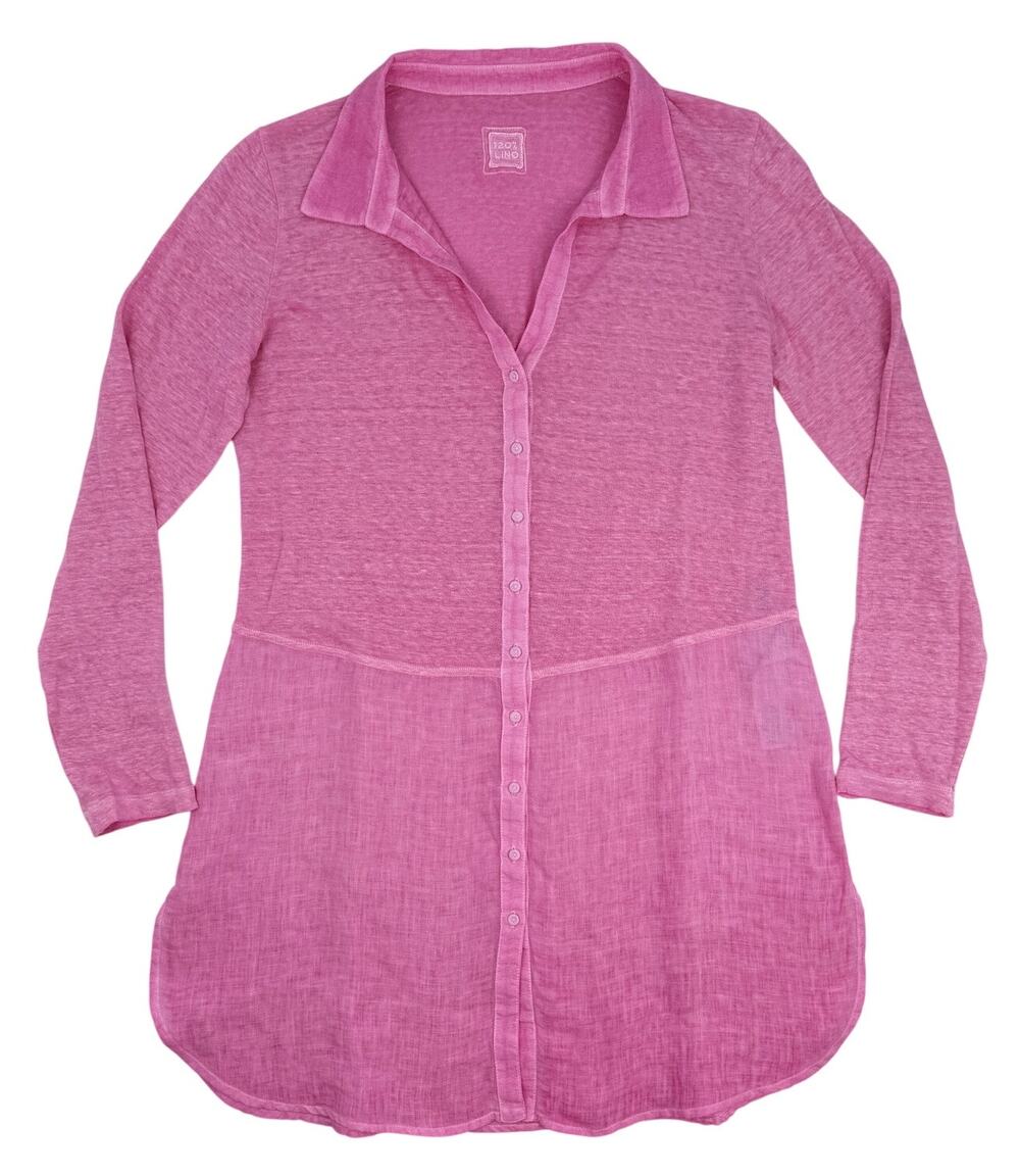 120% Lino Linen Shirt Dress Pink Long Sleeve Button Front Size L Coastal Summer